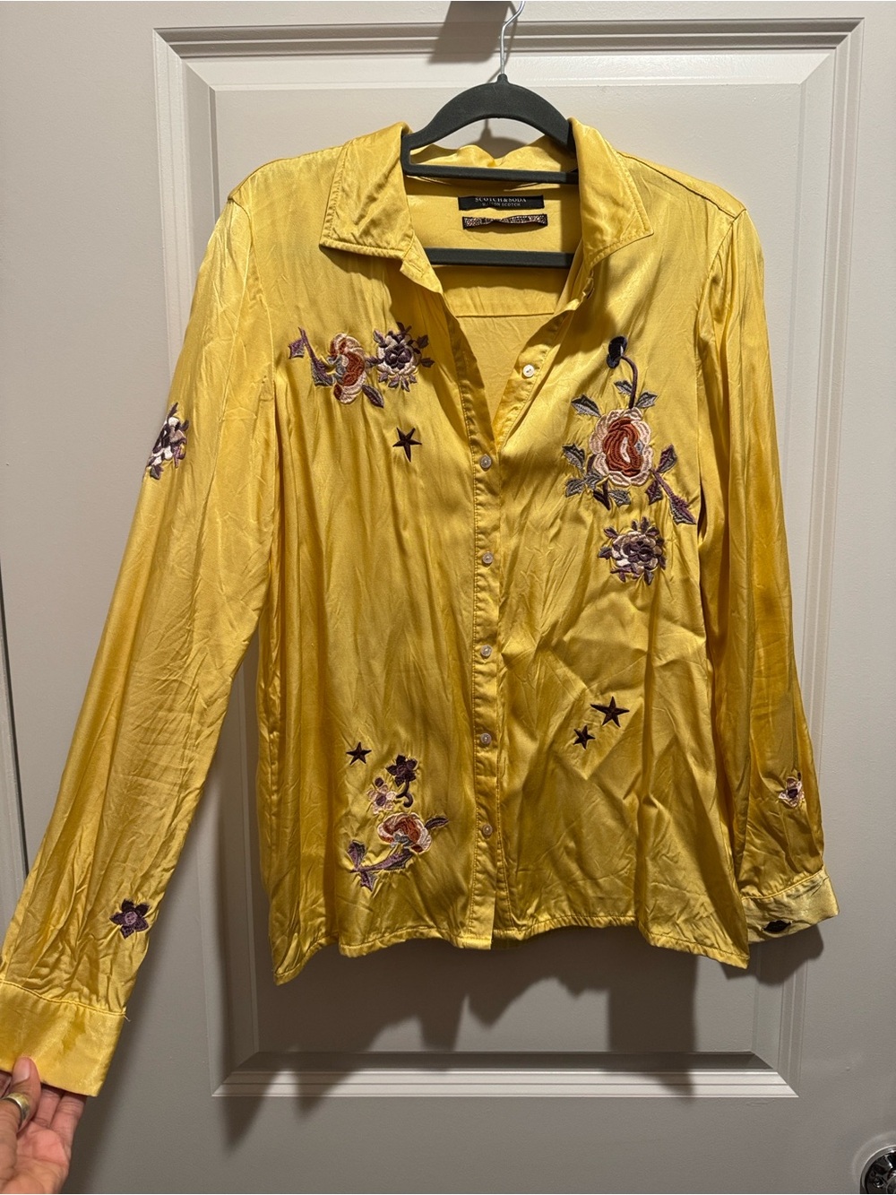 Scotch & Soda Yellow Satin Embroidered Button-Down Blouse